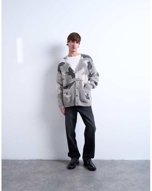 Topman White Oversized Fit Knit Cardigan With Camo Design for men