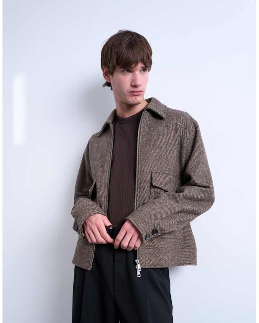 Topman Brown Herringbone Short Jacket for men