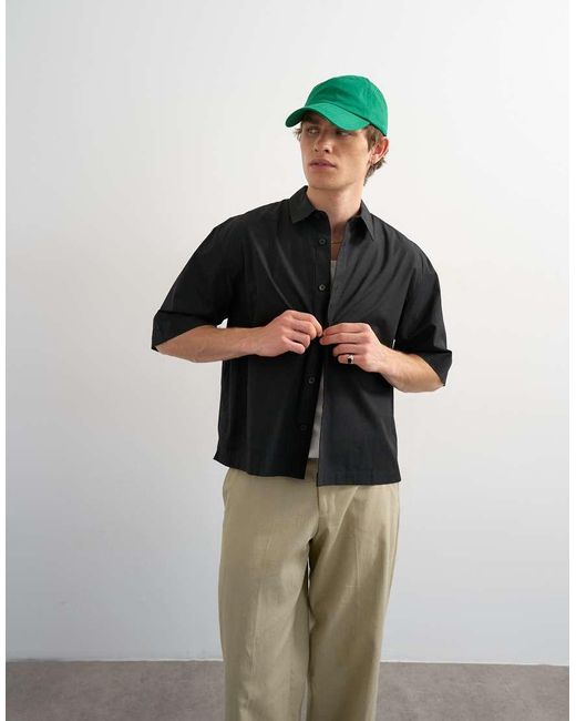 Topman Black Relaxed Fit Crop Poplin Short Sleeve Shirt for men