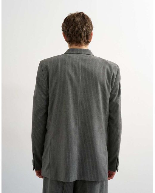 Topman Gray Relaxed Pinstripe Double Breasted Suit Jacket for men