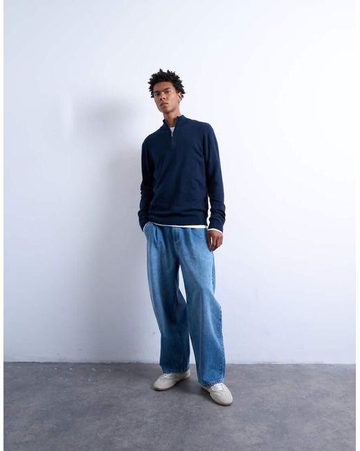 Topman Blue Essential Knitted 1/4 Zip Funnel for men