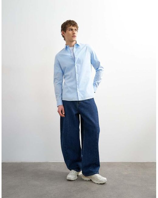 Topman Blue Slim Fit Long Sleeve Formal Stretch Shirt for men