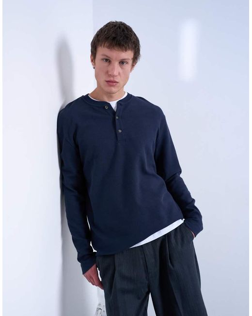 Topman Blue Premium Relaxed Fit Heavyweight Waffle Henley Top for men