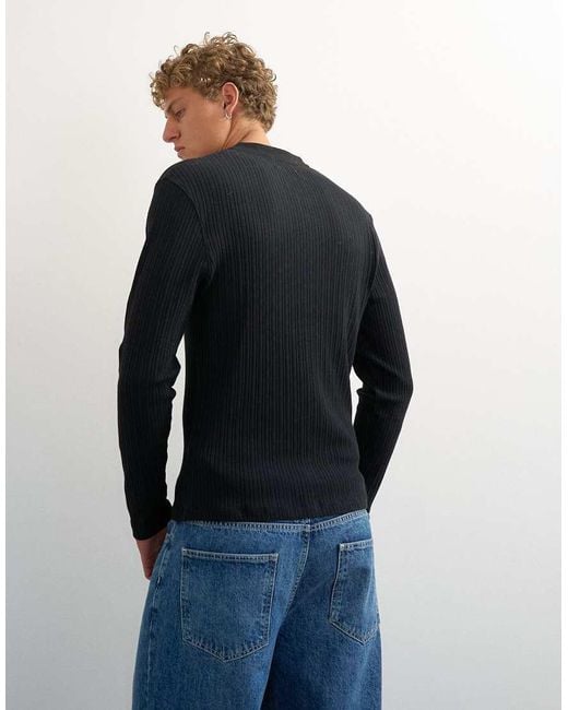 Topman Blue Premium Classic Fit Long Sleeve Textured Henley With Woven Placket for men