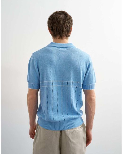 Topman Blue Classic Fit Pointelle Knitted Polo for men