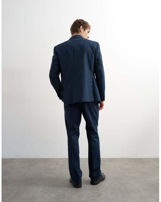 Topman Blue Straight Fit Linen Rich Trousers for men