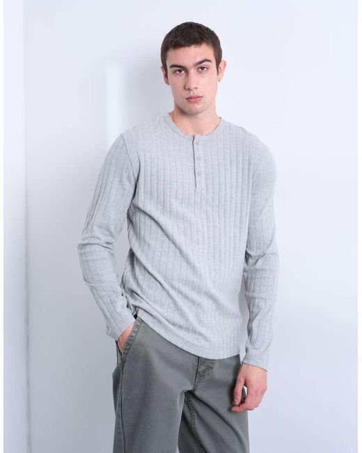 Topman Gray Long Sleeve Rib Henley Tee for men