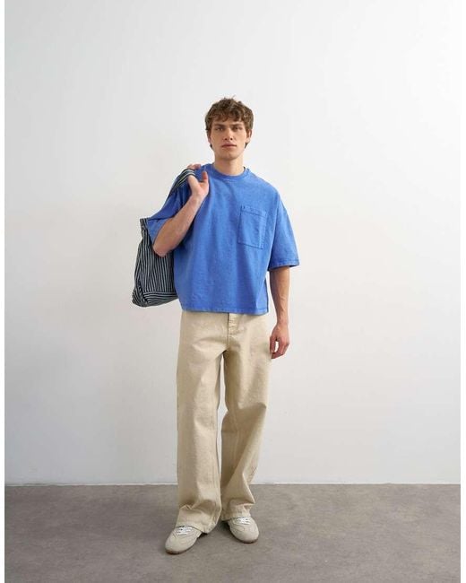 Topman Blue Premium Boxy Fit T-shirt With Pocket for men