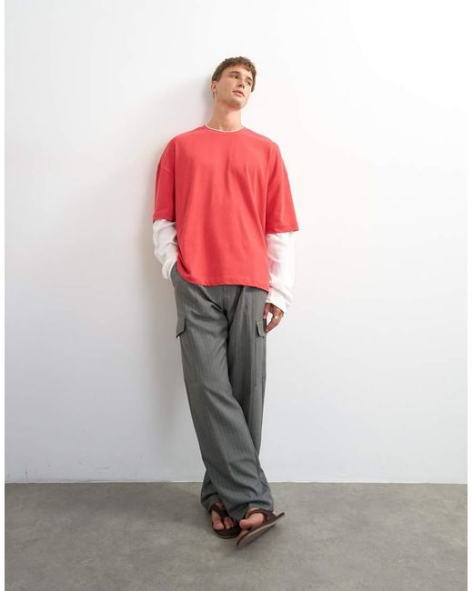 Topman Red Relaxed Fit Crop Laye T-shirt With Waffle Sleeve for men
