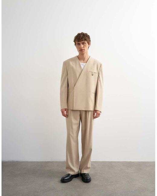 Topman Natural Oversized Fit Collarless Blazer for men
