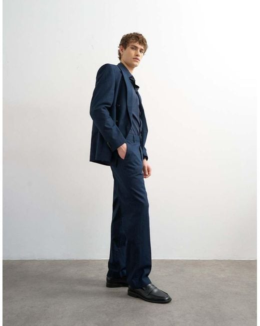 Topman Blue Straight Fit Linen Rich Trousers for men