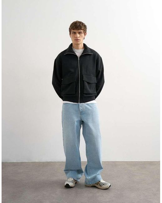 Topman Black Relaxed Fit Jersey Utility Shacket With Funnel Neck for men