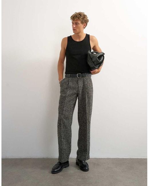 Topman Gray Wide Leg Textured Herringbone Trouser for men