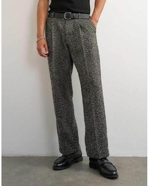 Topman Gray Wide Leg Textured Herringbone Trouser for men