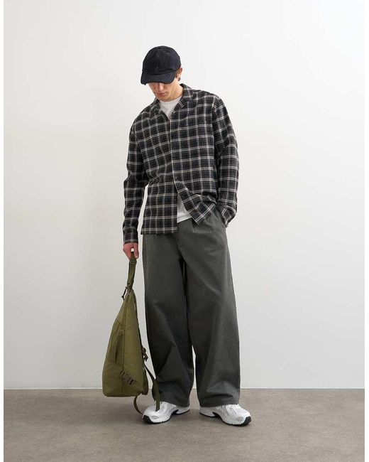 Topman Black Relaxed Fit Textured Check Revere Shirt for men