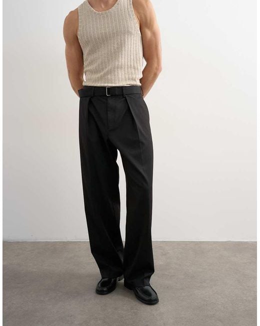 Topman Black Wide Leg Belted Twill Trouser for men