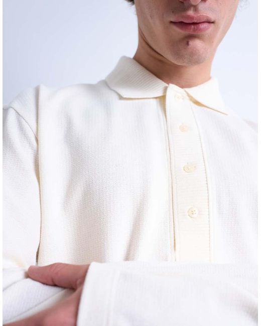 Topman White Relaxed Fit Structured Stitch Long Sleeve Polo Shirt for men