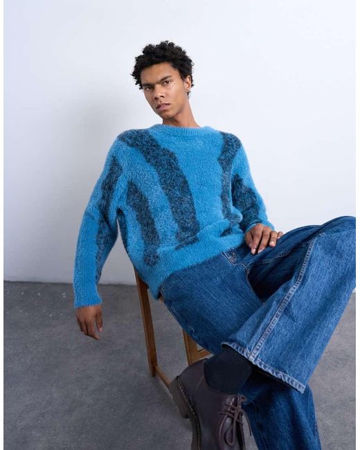 Topman Blue Relaxed Fit Fluffy Knitted Jumper With Stripe Design for men