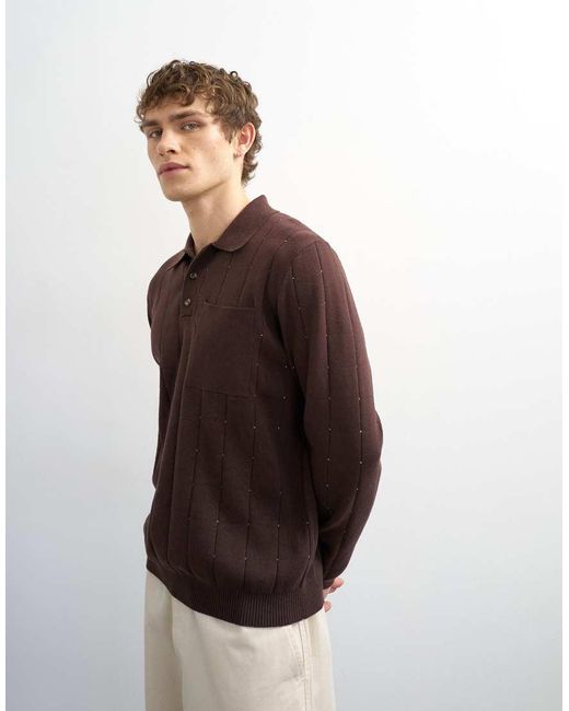 Topman Brown Classic Fit Long Sleeve Pointelle Knitted Polo for men