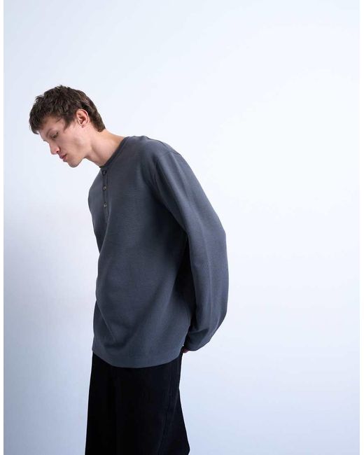 Topman Blue Premium Relaxed Fit Heavyweight Waffle Henley for men