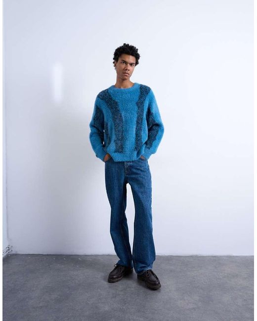 Topman Blue Relaxed Fit Fluffy Knitted Jumper With Stripe Design for men