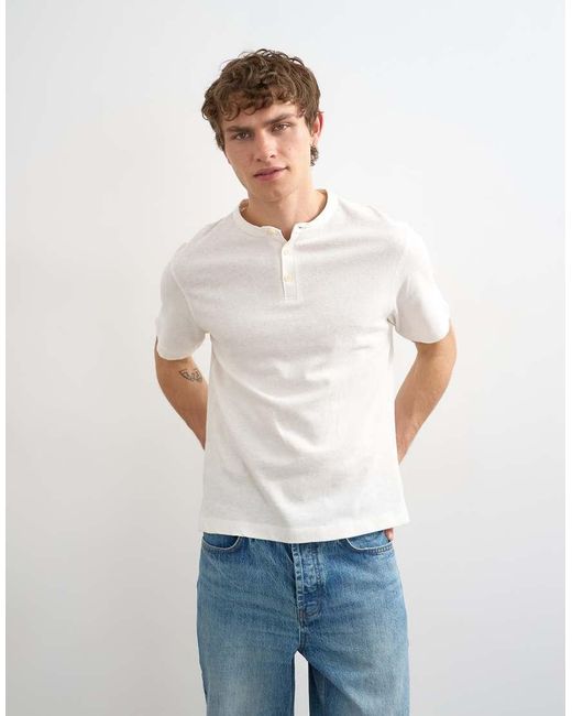 Topman White Relaxed Fit Linen Mix Henley T-Shirt for men