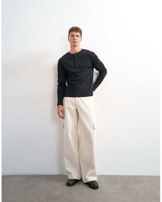 Topman Black Classic Fit Long Sleeve Rib Knit Henley T-shirt for men