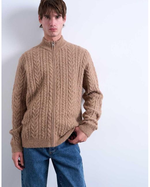 Topman Blue Cable Knitted Zip Through Funnel Neck Cardigan for men
