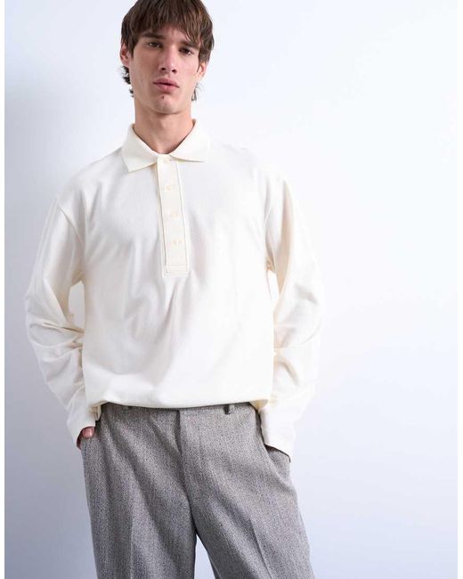Topman White Relaxed Fit Structured Stitch Long Sleeve Polo Shirt for men
