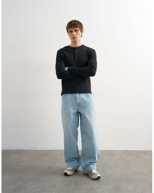 Topman Blue Slim Fit Long Sleeve Rib Henley T-Shirt for men