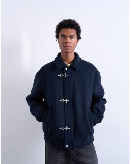 Topman Blue Fireman Clasp Wool Blend Jacket for men