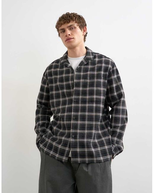 Topman Black Relaxed Fit Textured Check Revere Shirt for men