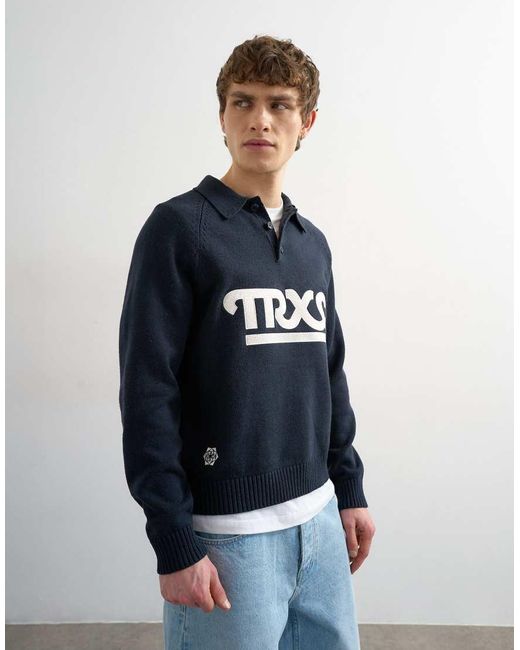 Topman Blue Classic Fit Knitted Rugby Polo With Applique Text for men