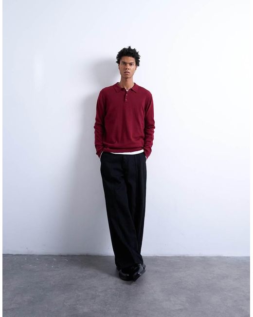 Topman Red Essential Knitted Button Polo for men