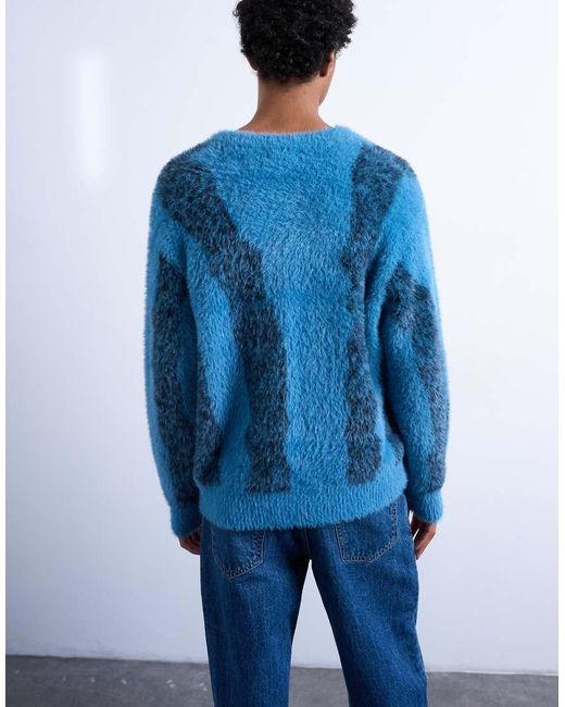 Topman Blue Relaxed Fit Fluffy Knitted Jumper With Stripe Design for men