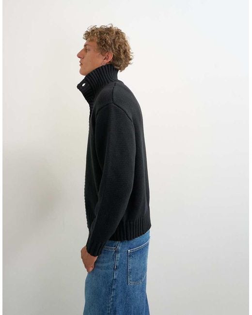 Topman Blue Relaxed Fit Heavyweight Funnel Neck Jumper for men