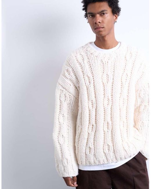 Topman White Handknit Cable Sweater for men