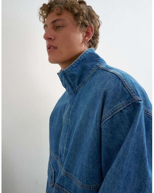 Topman Blue Oversized Fit Denim Jacket With Funnel Neck for men