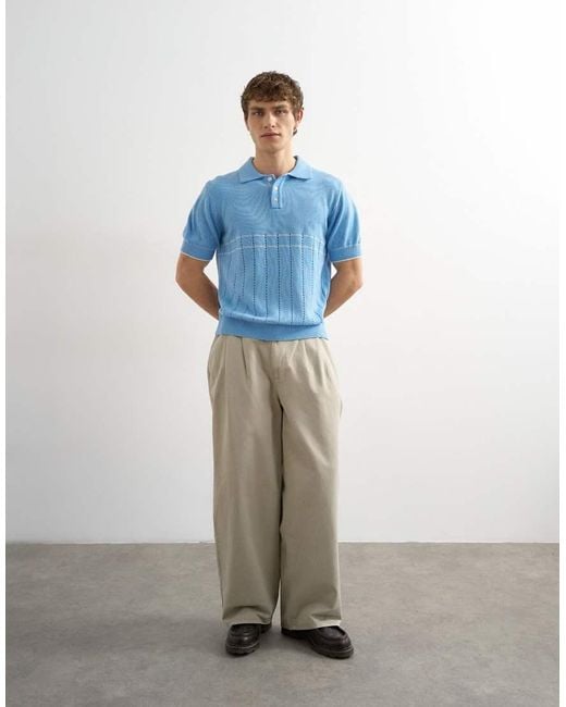Topman Blue Classic Fit Pointelle Knitted Polo for men