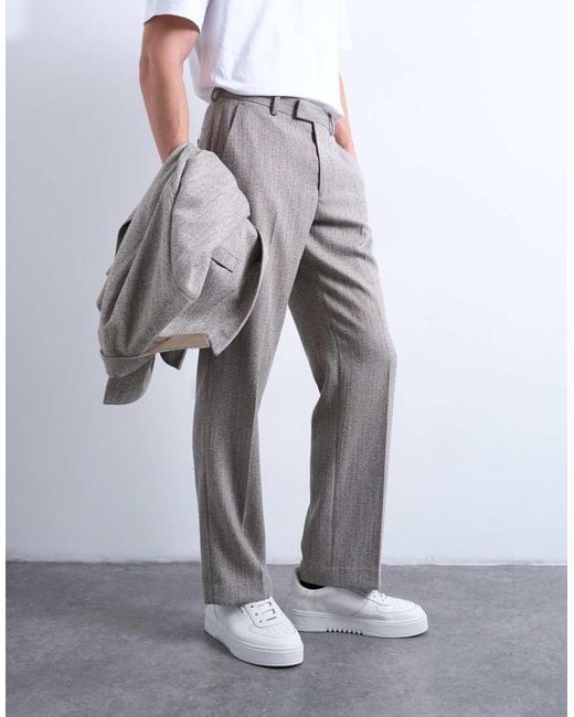 Topman White Herringbone Relaxed Trousers for men