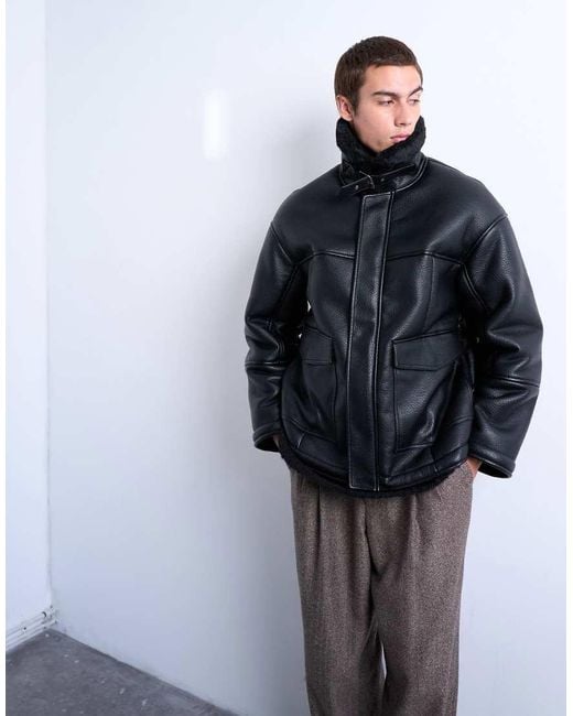 Topman Black Faux Shearling Jacket With Patch Pockets for men