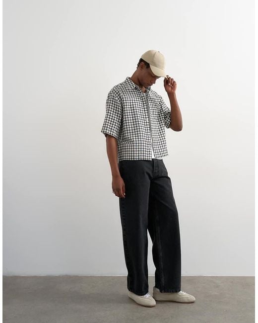 Topman White Relaxed Fit Crop Textured Check Shirt for men