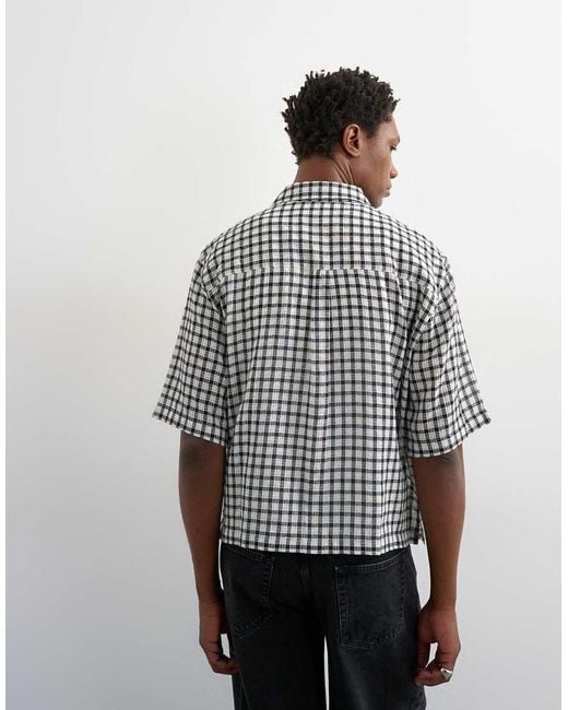 Topman White Relaxed Fit Crop Textured Check Shirt for men