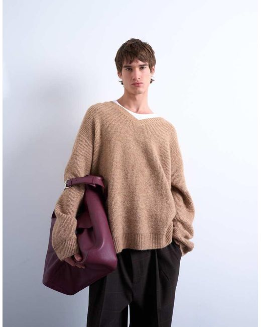 Topman Natural Oversized Fit V-neck Sweater for men