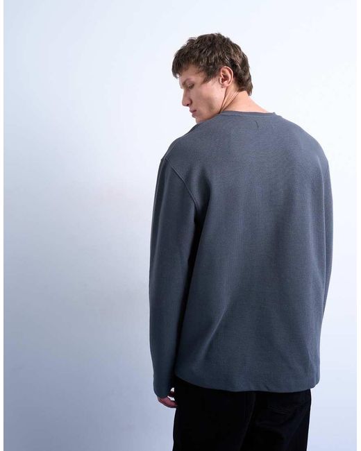 Topman Blue Premium Relaxed Fit Heavyweight Waffle Henley for men