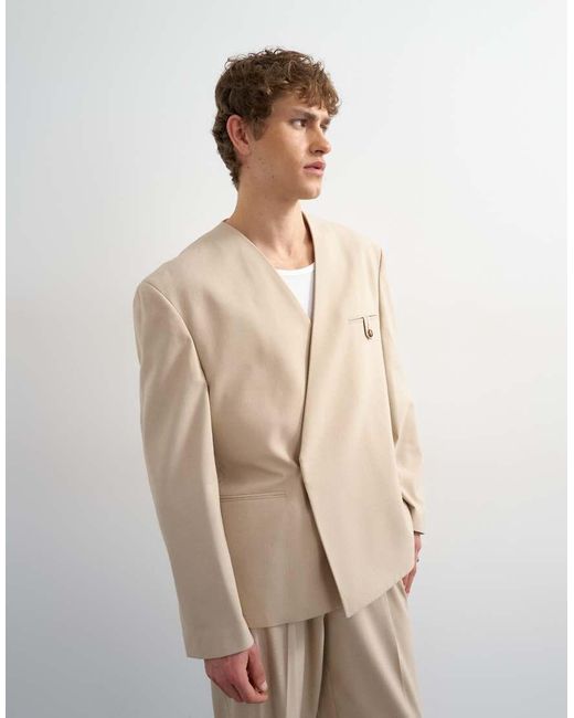 Topman Natural Oversized Fit Collarless Blazer for men