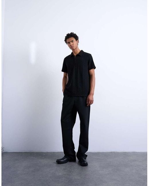 Topman Black Jersey Zig Zag Polo Top for men