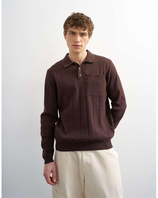 Topman Brown Classic Fit Long Sleeve Pointelle Knitted Polo for men