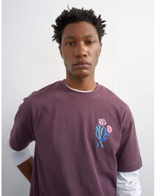 Topman Purple Relaxed Fit T-Shirt With Front And Floral Embroidery for men