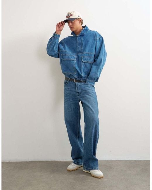 Topman Blue Oversized Fit Denim Jacket With Funnel Neck for men